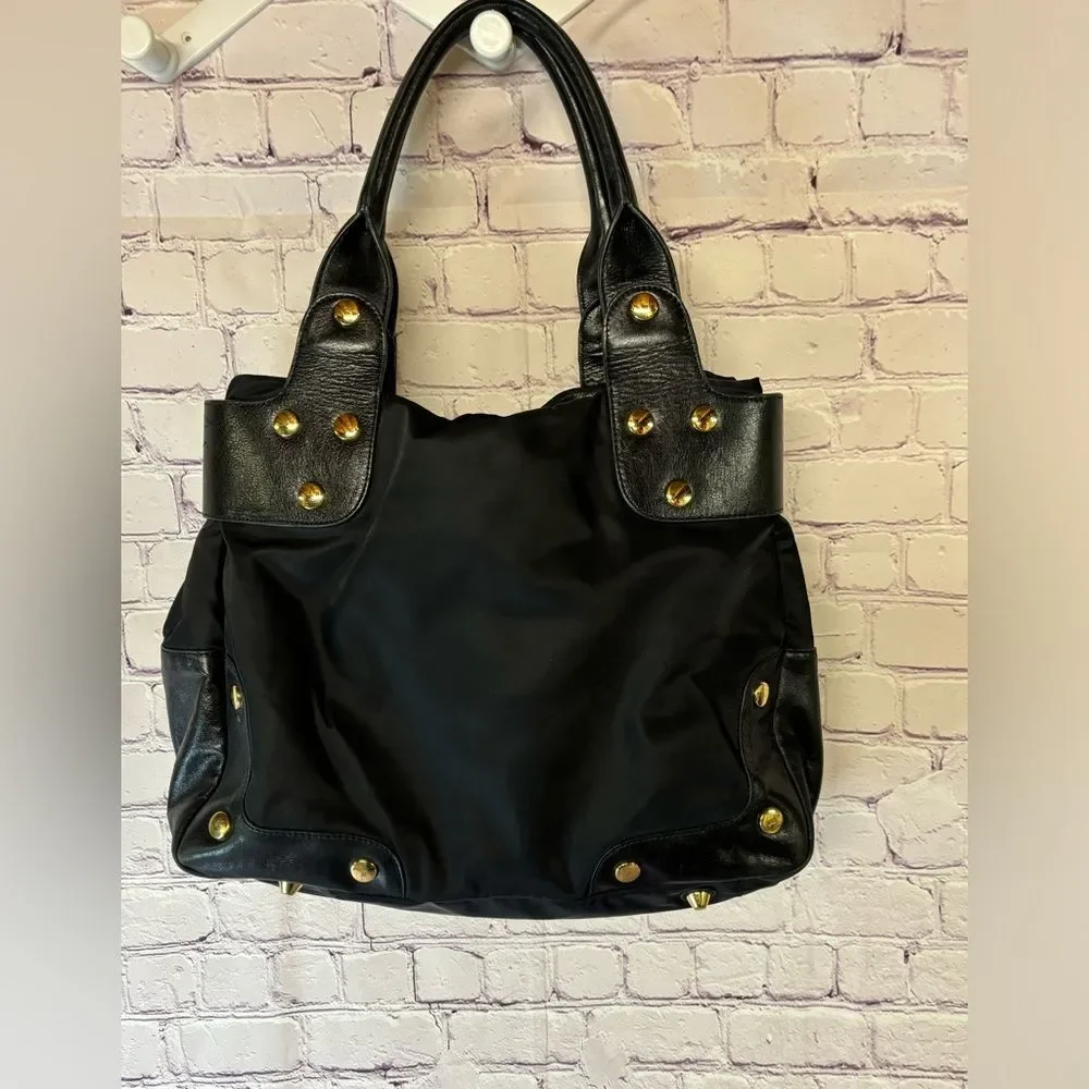 Per Se By Carlisle Classic Black Nylon Leather Purse Gold Accents Shoulder Bag
